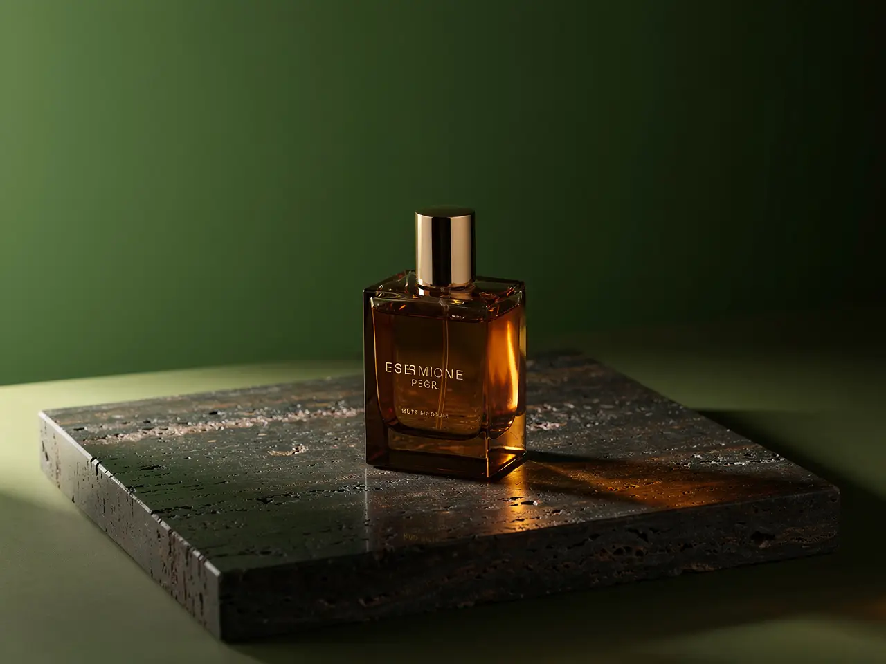 Un bodegón de fragancia de lujo con reflejos precisos, materiales premium y una paleta editorial tranquila.