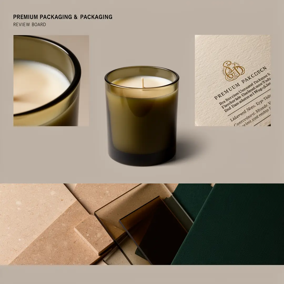 A premium packaging mood board with product focus, palette cues, and a polished review layout.