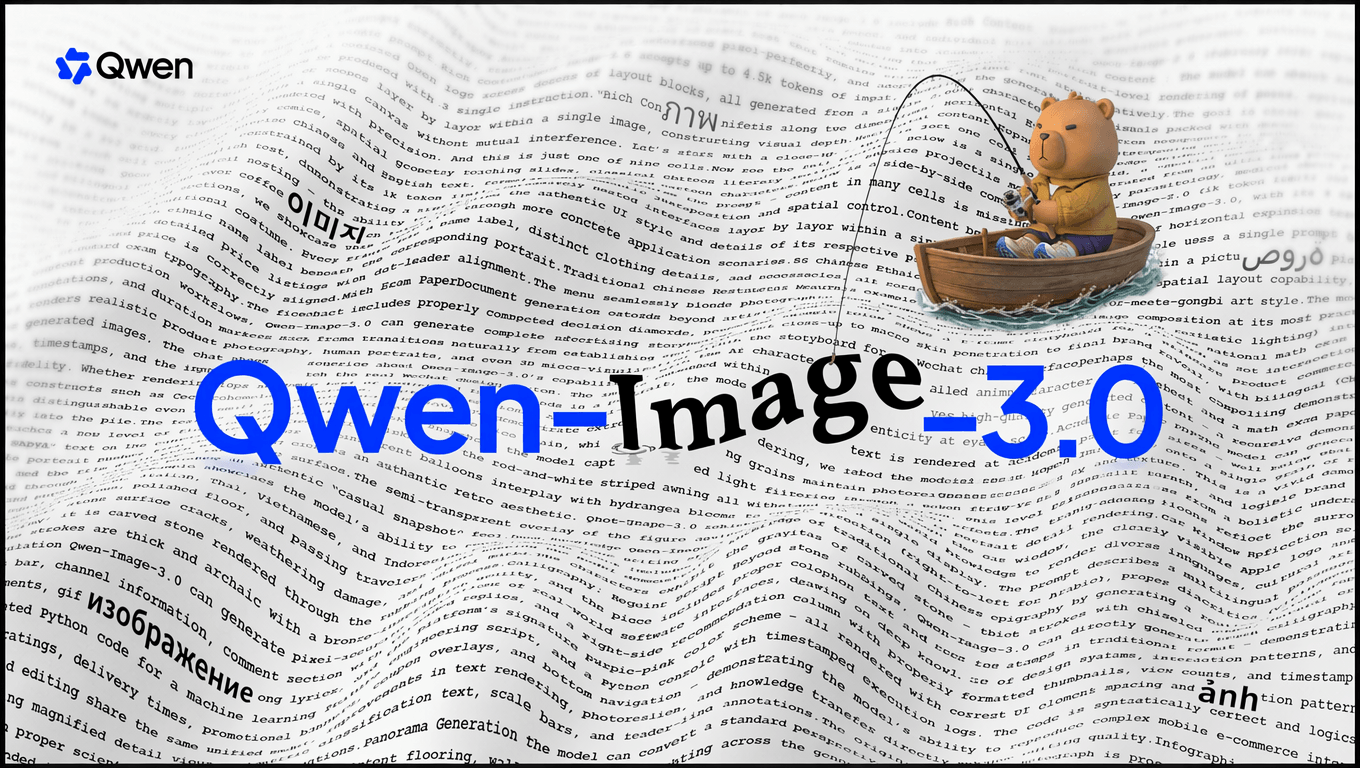 Qwen Image 3 artwork with multilingual typography arranged across a flowing field of text.