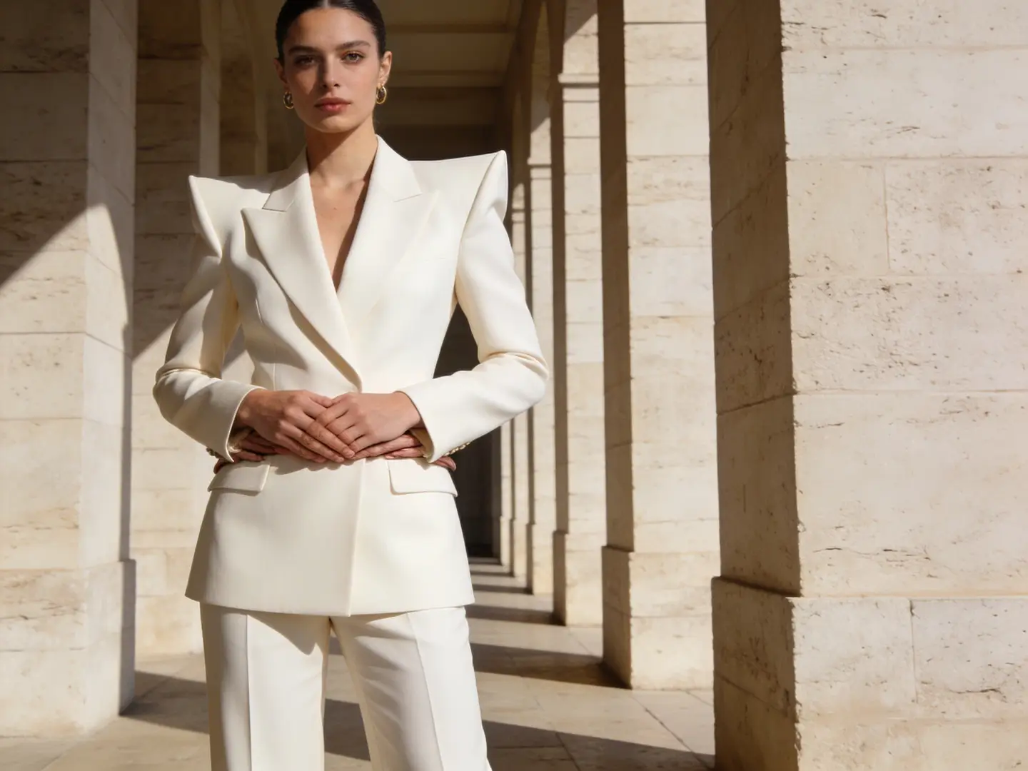 A crisp high-resolution fashion campaign frame with refined wardrobe details and a polished editorial finish.