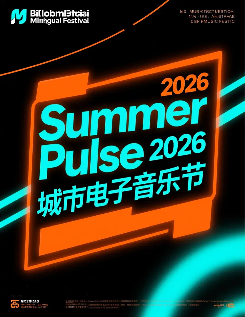 ملصق مهرجان ثنائي اللغة بعنوان كبير "Summer Pulse 2026" ونص صيني عريض